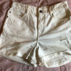 Zara High Rise White Distressed Denim Shorts